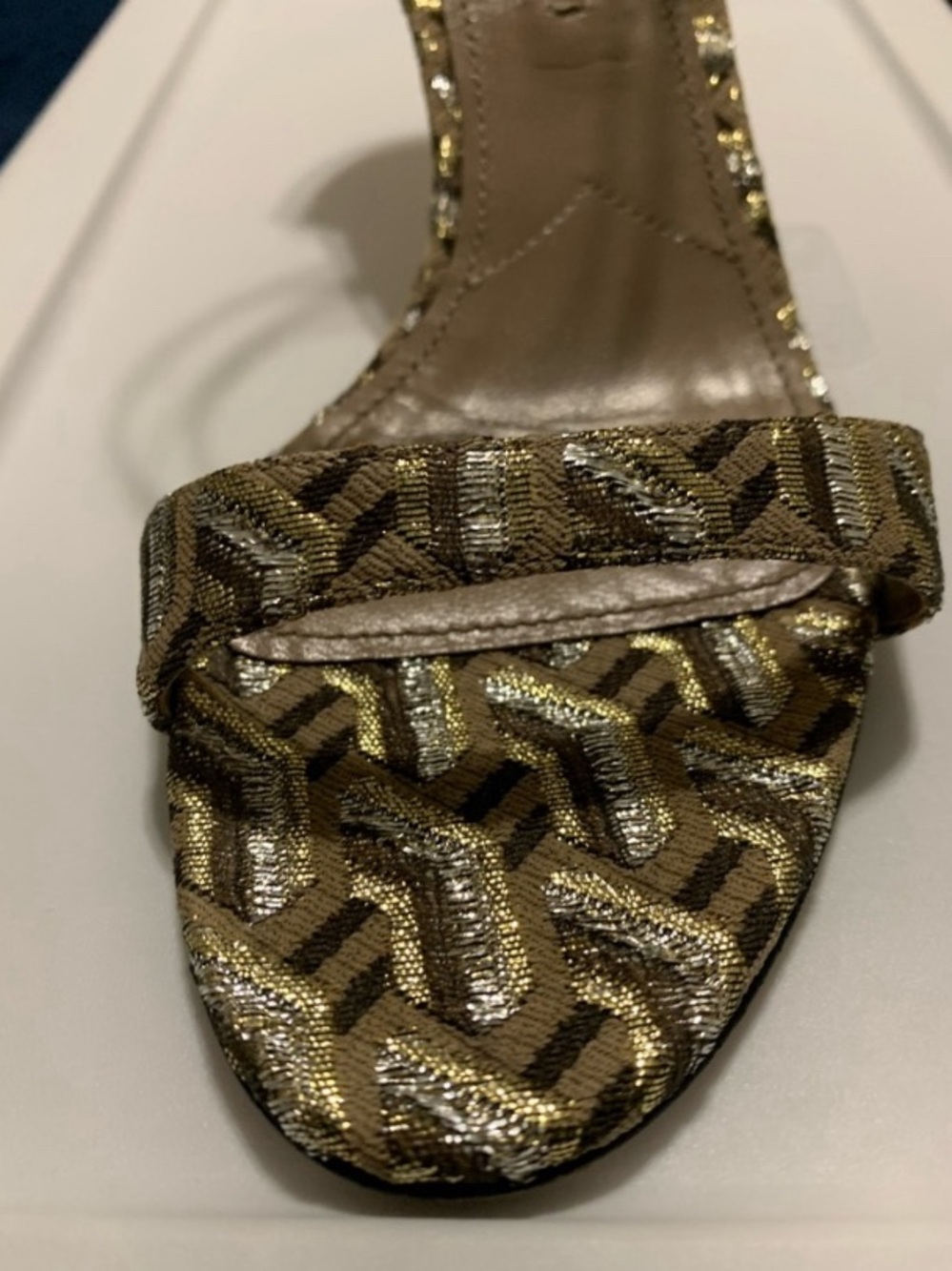 Prada Gold Metallic Patterned Ankle-Strap Kitten Heel - Picture 5 of 8